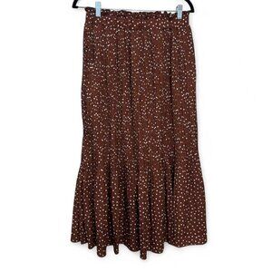 Brown Pleated Midi Skirt w/ White Polka Dots – Size L | Elastic Waist